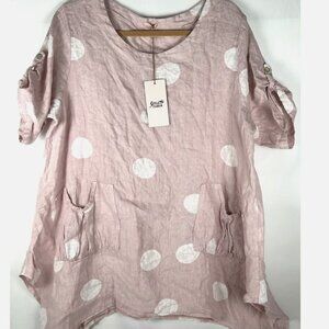 NWT Goose Island Pink Polka Dot Linen Asymmetrical Tunic One Sz Lagenlook Italy